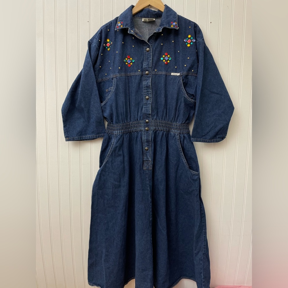 Vintage 80s retro denim bedazzled button down midi dress cotton pockets XL